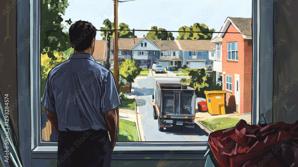 Lonely man stand at window rear view look on street with suburban cottages, recycling bins and garbage truck at summer day. Male character at home, loneliness, melancholy, Cartoon vector illustration Lonely man stand at window rear view look on street with suburban cottages, recycling bins and garbage truck at summer day. Male character at home, loneliness, melancholy, Cartoon vector illustration