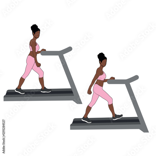Black Female Character walking on treadmill exercise in pink clothing