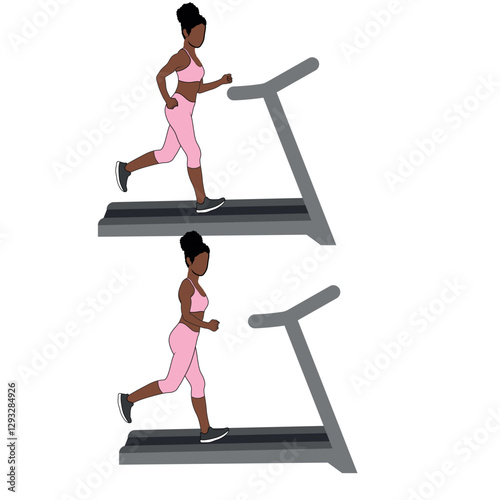 A Black African woman in pink clothing running on a treadmill exercise. Flat vector illustration isolated on white background.