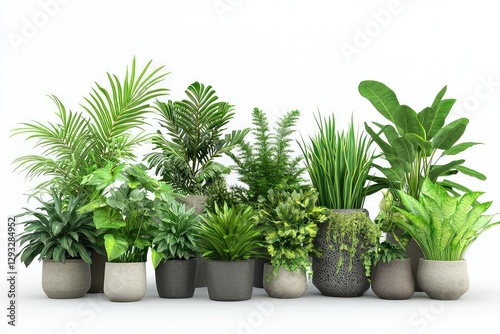 A realistic 3D-rendered collection of potted houseplants, featuring various species with lush green foliage, isolated on a white background.