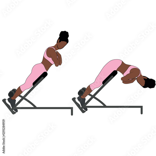 A Black African woman in pink clothing doing back extensions exercise. Flat vector illustration isolated on white background.