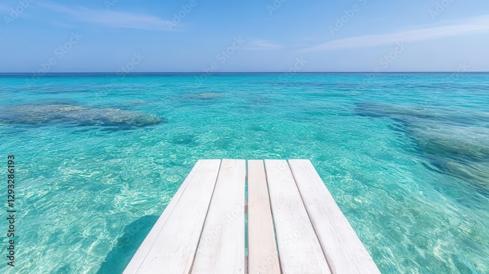 Fototapeta premium Azure blue ocean with a wooden dock leading into the distance, inviting visitors to dive into the crystal-clear water.