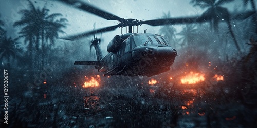 Military helicopter flying over jungle battlefield  
