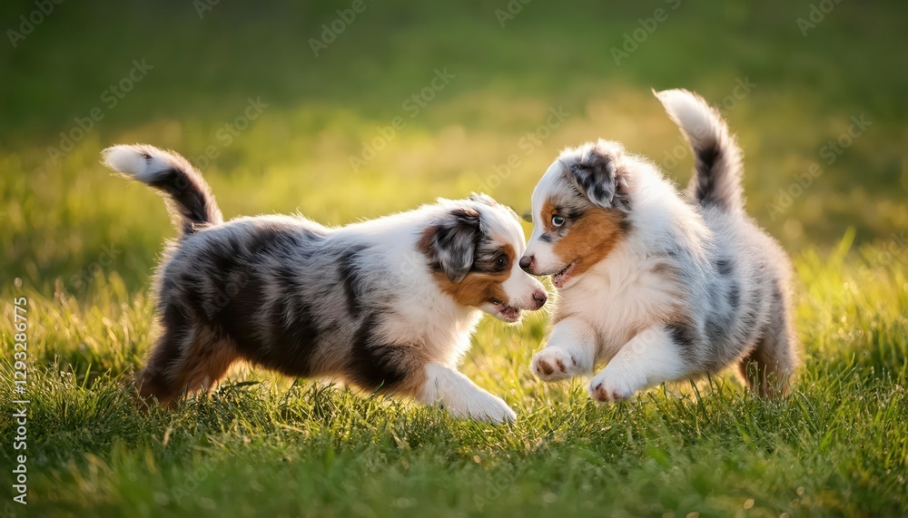 Delightful Australian Shepherd Puppies Frolicking amidst Lush, Verdant Grasslands under a Sunlit Sky, Embracing Joy and Playfulness. Delightful Australian Shepherd Puppies Frolicking amidst Lush, Verdant Grasslands under a Sunlit Sky, Embracing Joy and Playfulness.
