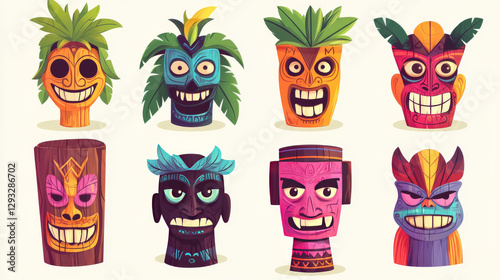 Wallpaper Mural Tiki masks, tribal wooden totems, hawaiian or polynesian style attributes, scary faces with toothy mouth, decorated with leaves isolated on white background. Cartoon vector illustration, icons set Torontodigital.ca