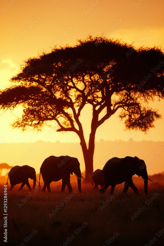 Fototapeta premium Elephants roam savanna beneath acacia tree at sunset