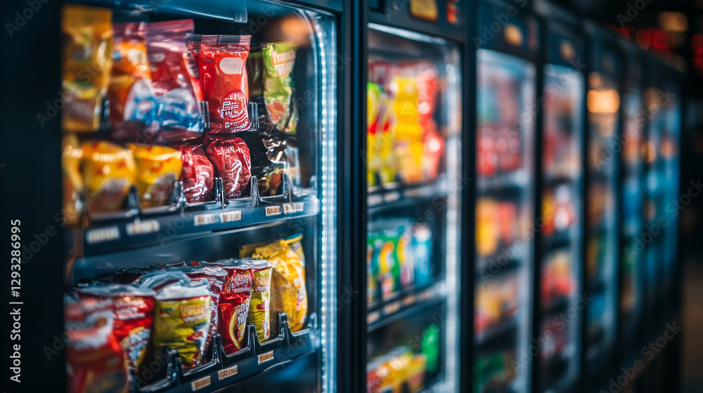 Fototapeta premium Vending machines with chewing gum, snacks and coffee. Equipment for automatic food and beverage serving. Convenient retail automated dispensers filled with packages of products. Cartoon vector.