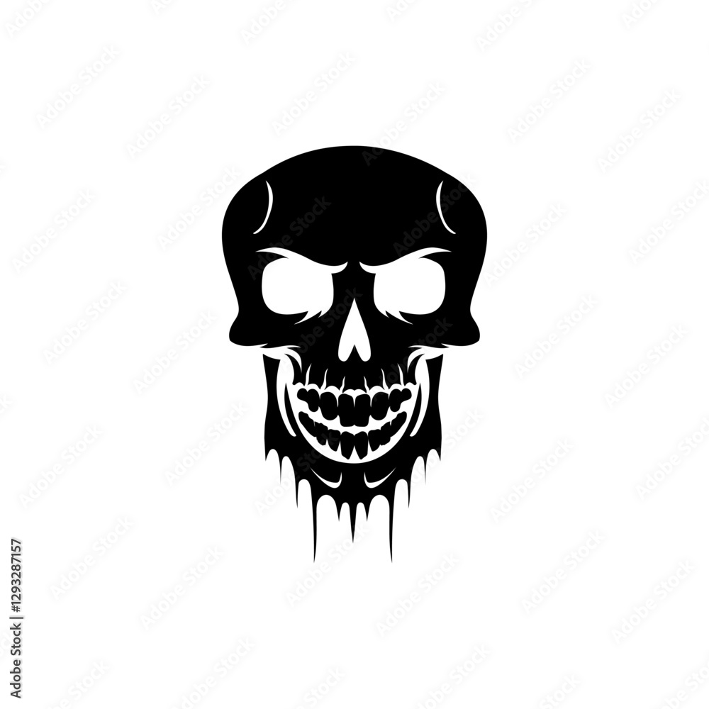 Fototapeta premium A Gothic horror design of a skull with pirate-like elements, spooky ink splashes, and devil horns, styled for Halloween, rock tattoos, or dark decorations.