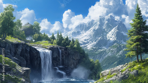Prehistoric landscape, cartoon scenery background with green tree, waterfall, rocks and grass at mountain cliff under blue sky with fluffy clouds. Jurassic era of Earth evolution, Vector illustration