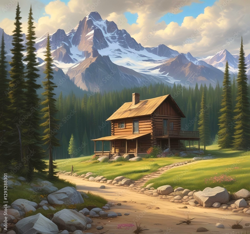 Fototapeta premium Wild landscape with stunning view and woden cottage.