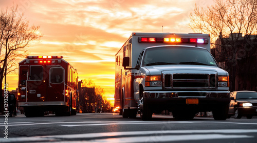 Ambulance and firetruck driving on street at sunset