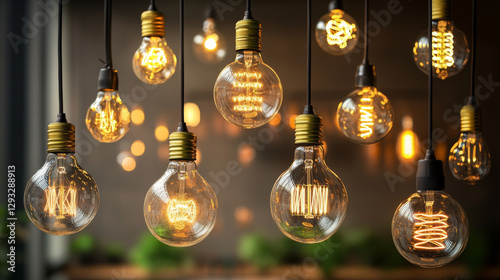 Vintage light bulbs set isolated on transparent background. Vector realistic illustration of different shape glass lamps with filament inside hanging on black wire, warm led light for interior design
