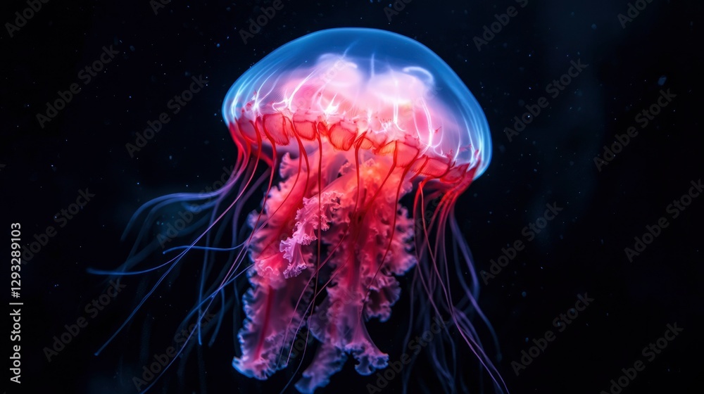 Naklejka premium Glowing Jellyfish Floating in Dark Ocean Depths