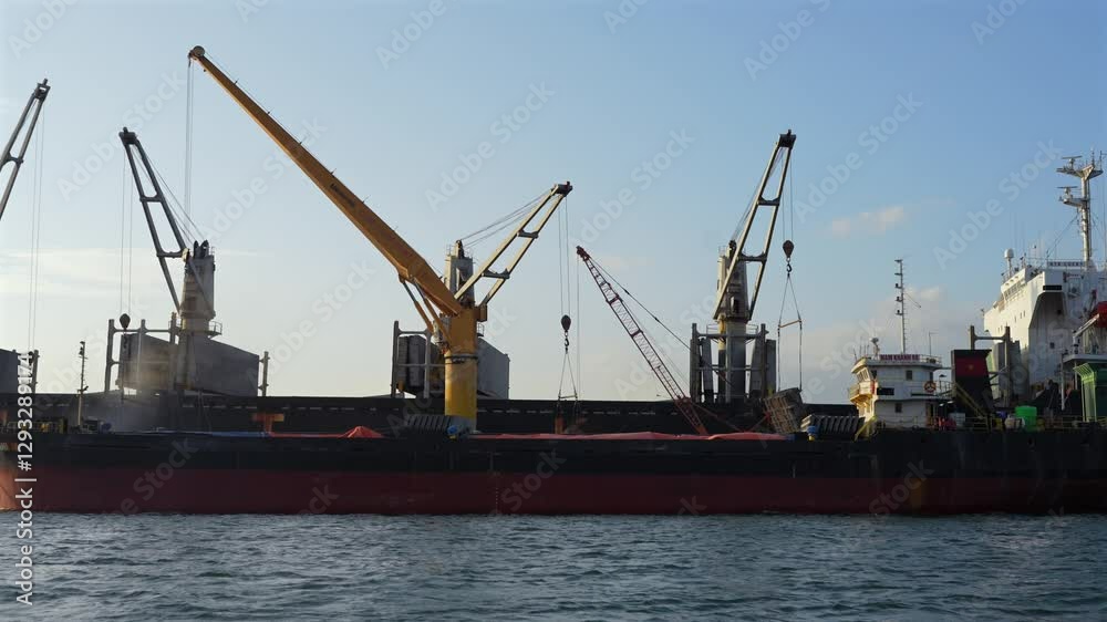 A large cargo ship with cranes unloading goods at a harbor near Bình Ba Island, with industrial equipment and maritime operations. A large cargo ship with cranes unloading goods at a harbor near Bình Ba Island, with industrial equipment and maritime operations.