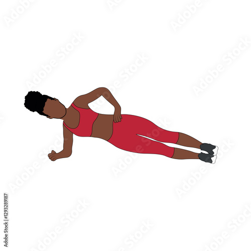 A Black African woman in red clothing doing side plank exercise. Flat vector illustration isolated on white background.
