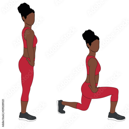 A Black African woman in red clothing doing lunges exercise. Flat vector illustration isolated on white background.