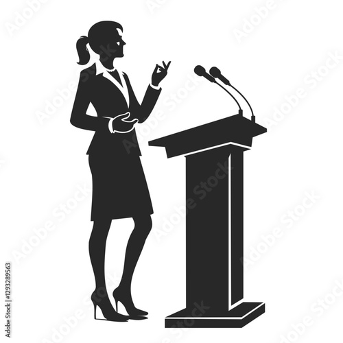 Silhouette of a businesswoman or politician giving a speech at a podium with microphones.