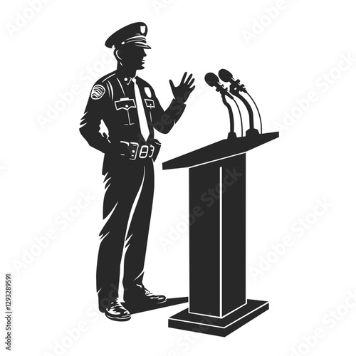 Silhouette of a police officer speaking at a podium with multiple microphones.