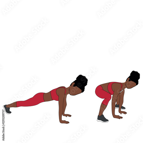 A Black African woman in red clothing doing plank to squat exercise. Flat vector illustration isolated on white background.