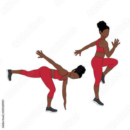 A Black African woman in red clothing doing deadlift drive throughs exercise. Flat vector illustration isolated on white background.