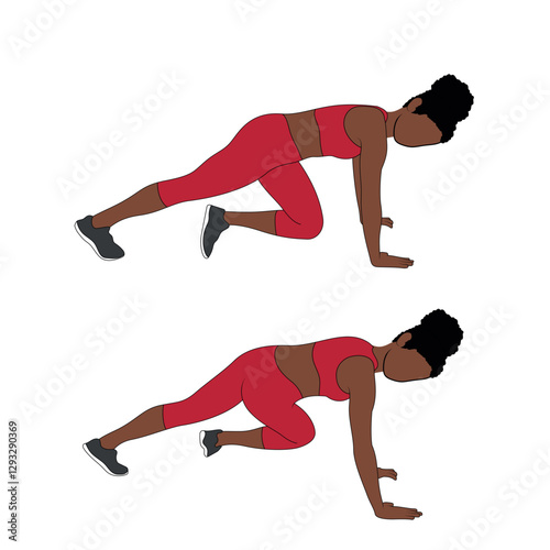 A Black African woman in red clothing doing mountain climbers exercise. Flat vector illustration isolated on white background.