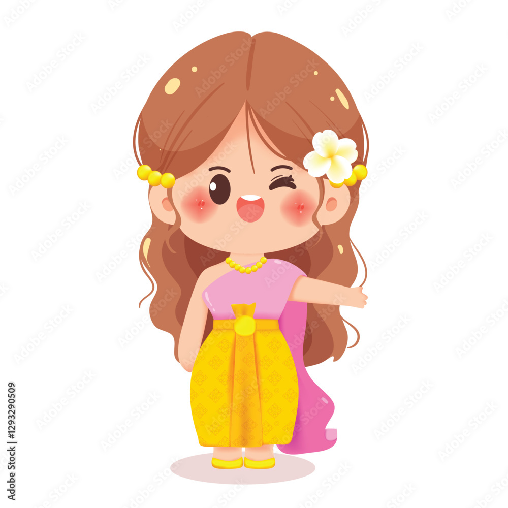 Cute Thai Girl Waving in Traditional Dress Cartoon Illustration