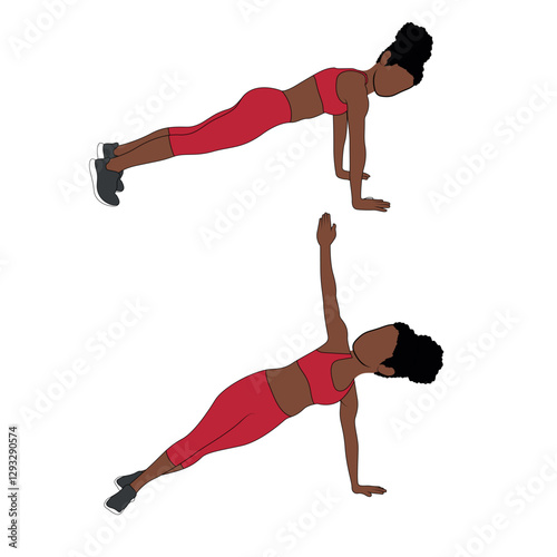 A Black African woman in red clothing doing plank to twist exercise. Flat vector illustration isolated on white background.