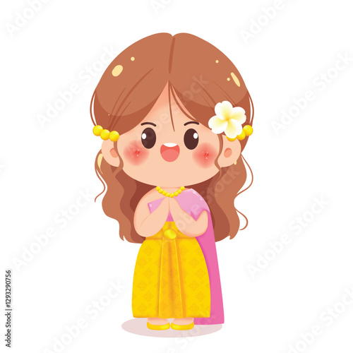 Cute Thai Girl Greeting in Traditional Dress Cartoon Illustration
