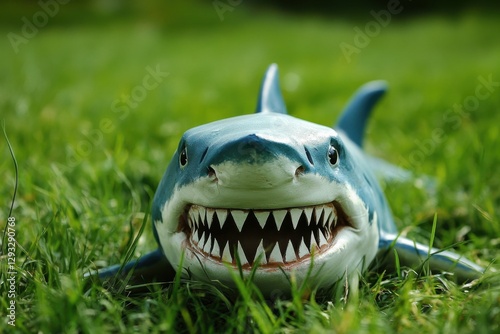 Shark Head. Blue Animal with Sharp Teeth on Green Grass Background