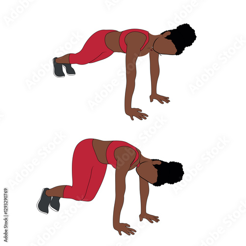 A Black African woman in red clothing doing plank jumps exercise. Flat vector illustration isolated on white background.