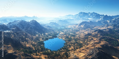 Majestic Mountain Lake: Aerial View of Serene Landscape with Stunning Peaks and Tranquil Waters, Breathtaking Scenery