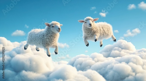 Sheep Jumping. Cute and Happy Lamb Leaping Over Serene White Clouds