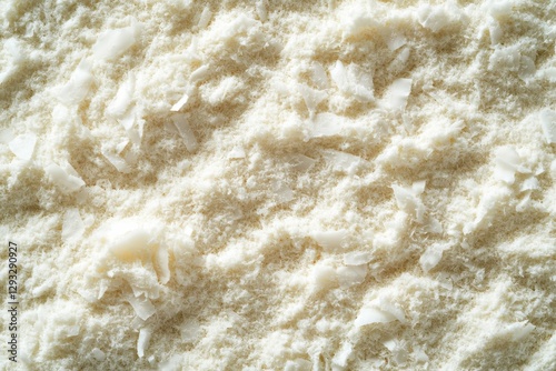 Shaved Coconut. Detailed View of Dessicated Coconut Flakes on White Background