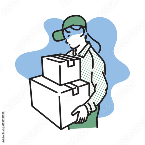 シンプル　イラスト　荷物が多くてうんざりする配達員の女性