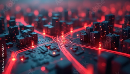 Stylized miniature city with red markers, digital grid lines advanced urban mapping, geofencing tech. Futuristic cityscape concept communication network, data transmission, smart city infrastructure,