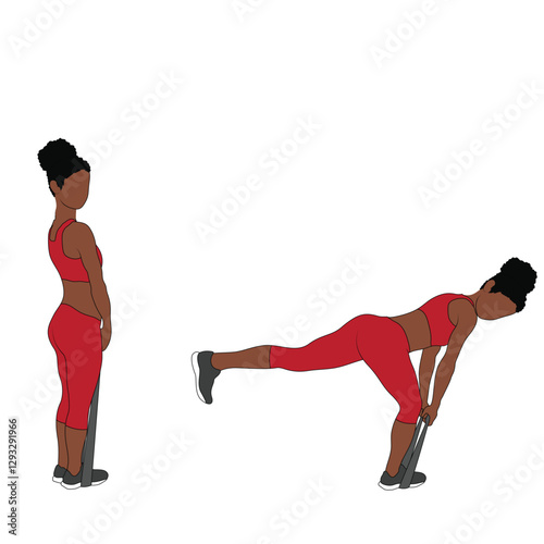 A Black African woman in red clothing doing single leg deadlifts exercise with a resistance band. Flat vector illustration isolated on white background