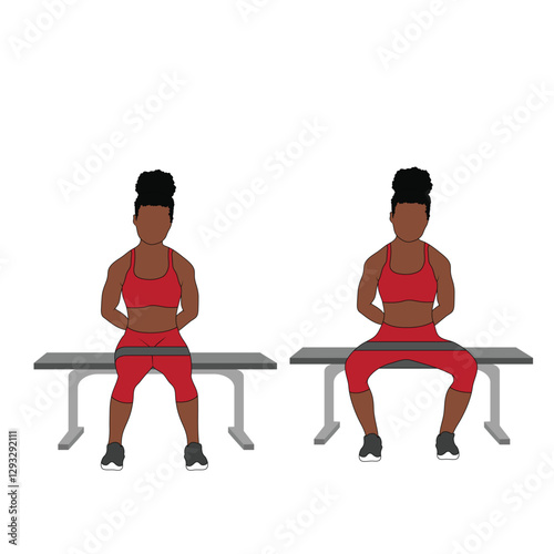 A Black African woman in red clothing doing hip abductos exercise with a resistance band. Flat vector illustration isolated on white background