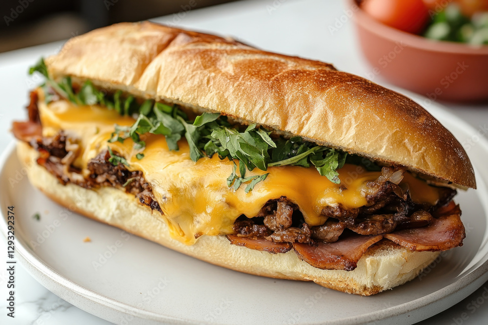 Delicious sandwich with meat and cheese, layered between toasted bread slices, garnished with lettuce and tomato, served on a wooden cutting board. Delicious sandwich with meat and cheese, layered between toasted bread slices, garnished with lettuce and tomato, served on a wooden cutting board.