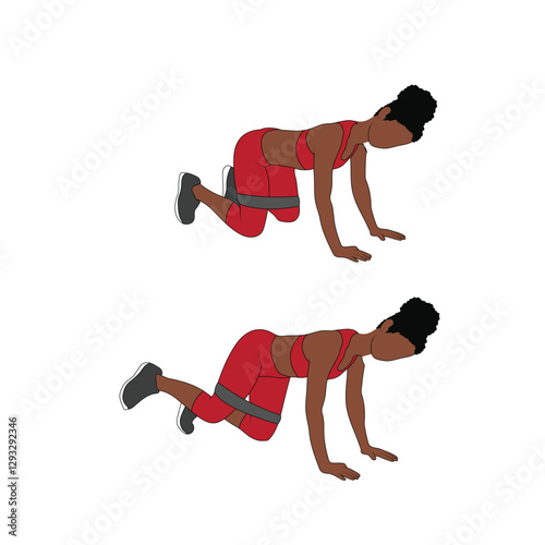 A Black African woman in red clothing doing fire hydrant exercise with a resistance band. Flat vector illustration isolated on white background