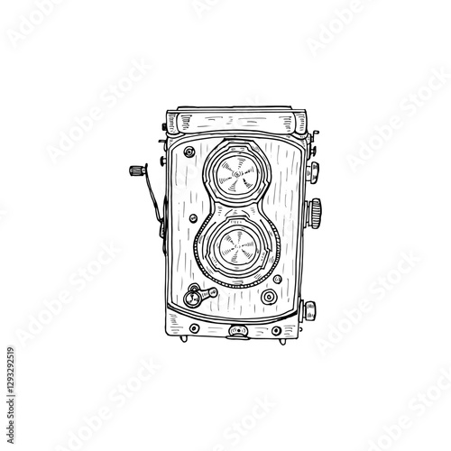 Vintage retro hand-drawn doodle cartoon TLR camera vector black outline.