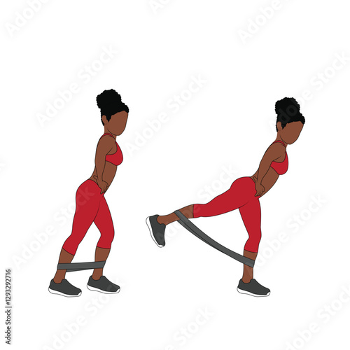 A Black African woman in red clothing doing glute kickouts with a resistance band. Flat vector illustration isolated on white background