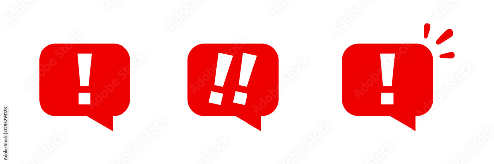 Three red speech bubbles with varying exclamation marks depict emphasis and urgency. Three red speech bubbles with varying exclamation marks depict emphasis and urgency.