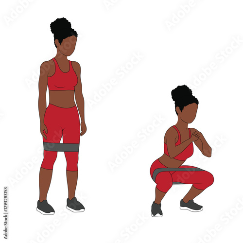 A Black African woman in red clothing doing squats with a resistance band. Flat vector illustration isolated on white background