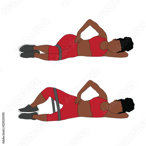 A Black African woman in red clothing doing clamshells with a resistance band. Flat vector illustration isolated on white background