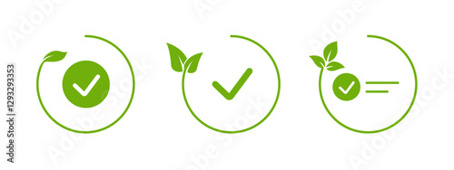 A minimalistic green leaf icon with a circular outline and a check mark, symbolizing ecology, sustainability, and organic lifestyles, ideal for eco-friendly logos and products.