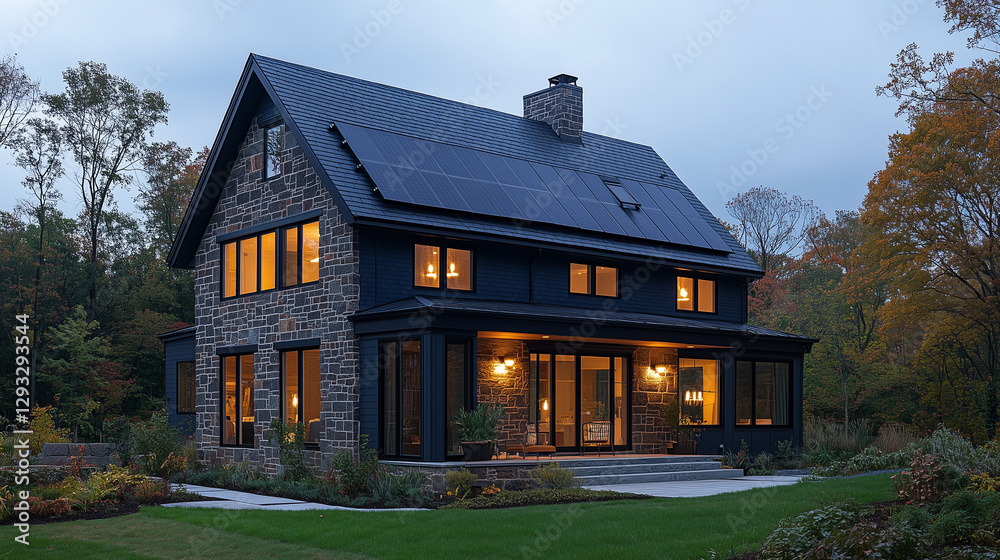 Eco-friendly house in the countryside with solar panel concept in the morning Eco-friendly house in the countryside with solar panel concept in the morning