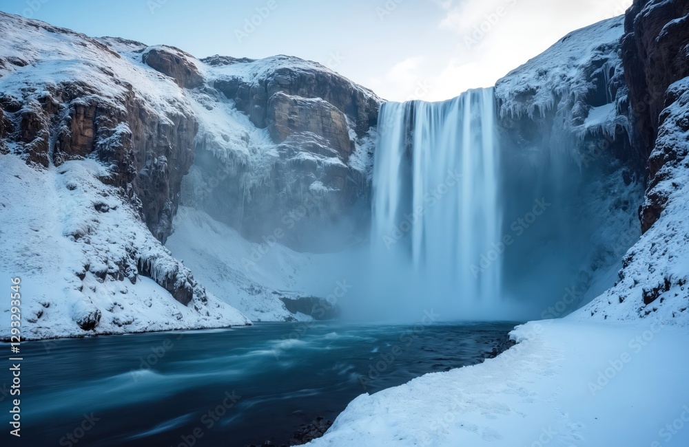 Obraz premium Majestic Skogafoss Waterfall view in winter Iceland. Famous Icelandic natural landmark with blue river against snow covered mountain, rocks. Cold arctic nature scenery, travel destination, vacation