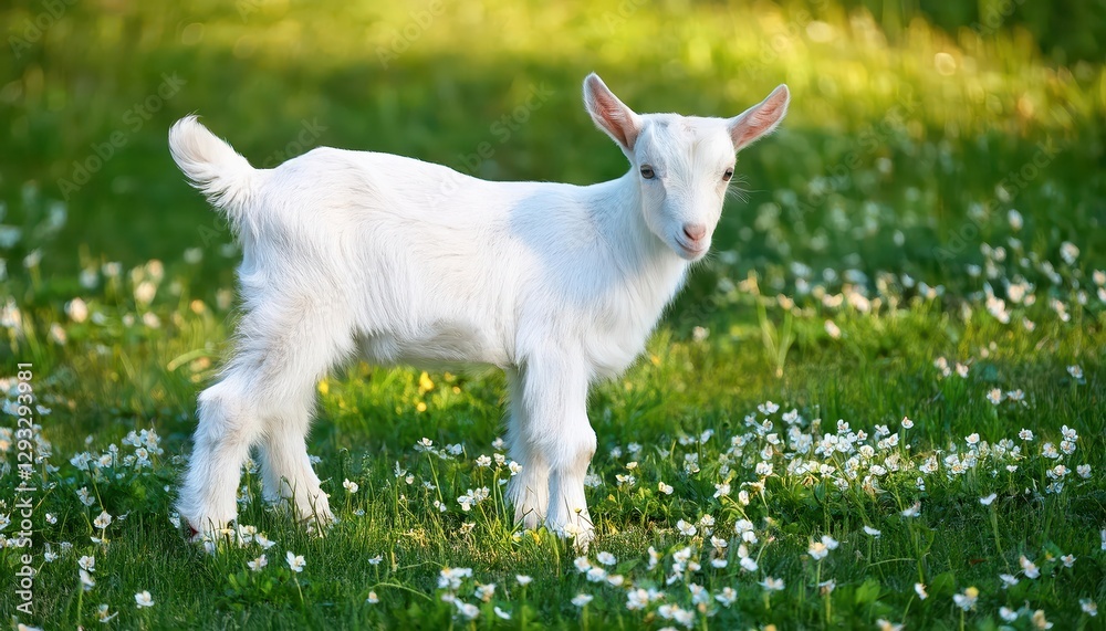 Adorable Baby Goat Frolicking in a Field of White Flowers, Grazing amidst the Lush Green Grass under a Starlit Sky, Capturing the Innocence and Tranquility of Natures Simple Pleasures. Adorable Baby Goat Frolicking in a Field of White Flowers, Grazing amidst the Lush Green Grass under a Starlit Sky, Capturing the Innocence and Tranquility of Natures Simple Pleasures.