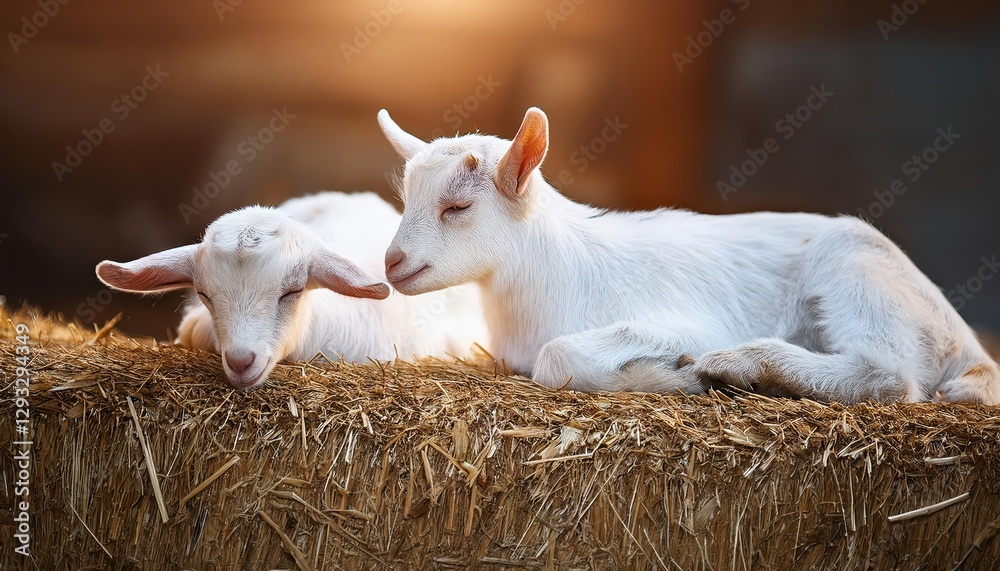 Baby Goats Napping Amongst Hay Bales on an Idyllic Farmstead, Serene Scene Radiating Warmth and Tranquility at Dusk. Baby Goats Napping Amongst Hay Bales on an Idyllic Farmstead, Serene Scene Radiating Warmth and Tranquility at Dusk.