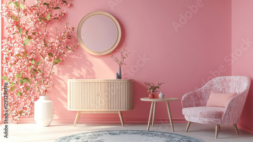 Princess pink living room, empty cozy interior with elegant retro furniture, cupboard, chair and table, mirror and floral pattern wall decor, Cartoon vector illustration